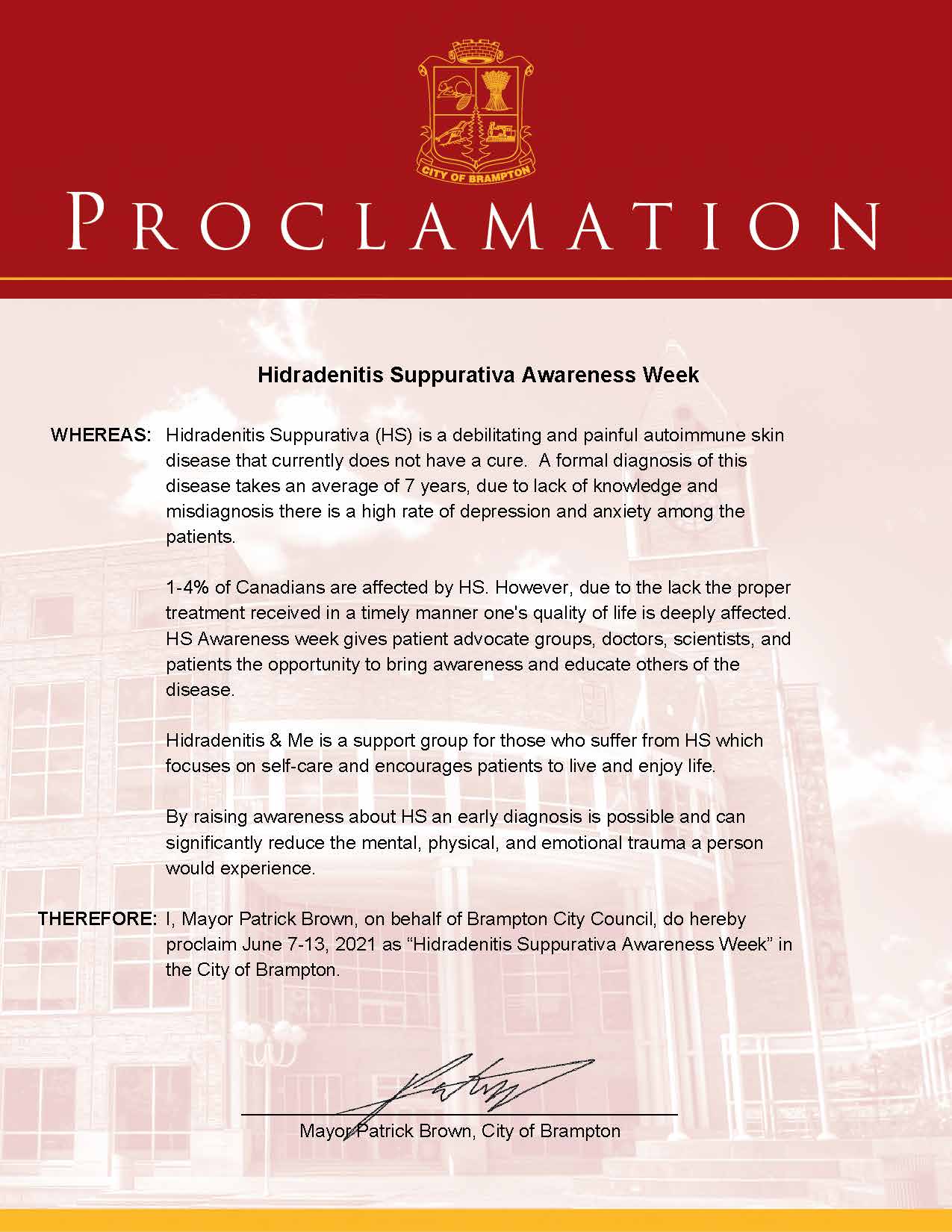 Brampton Proclamation Hidradenitis Suppurativa Awareness Week 06.7 13.2021 1